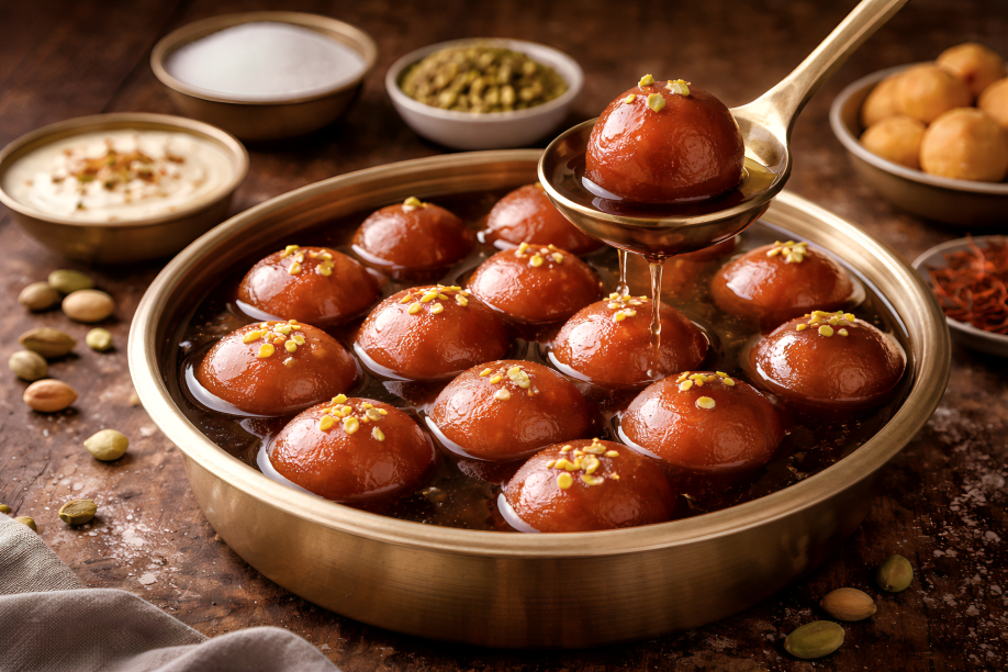 Soak authentic gulab jamun in sugar syrup.